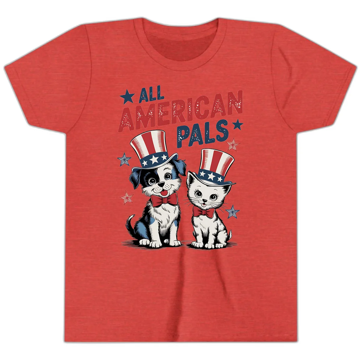 All American Pals Patriotic Puppy and Kitten Youth T-Shirt in Heather Red