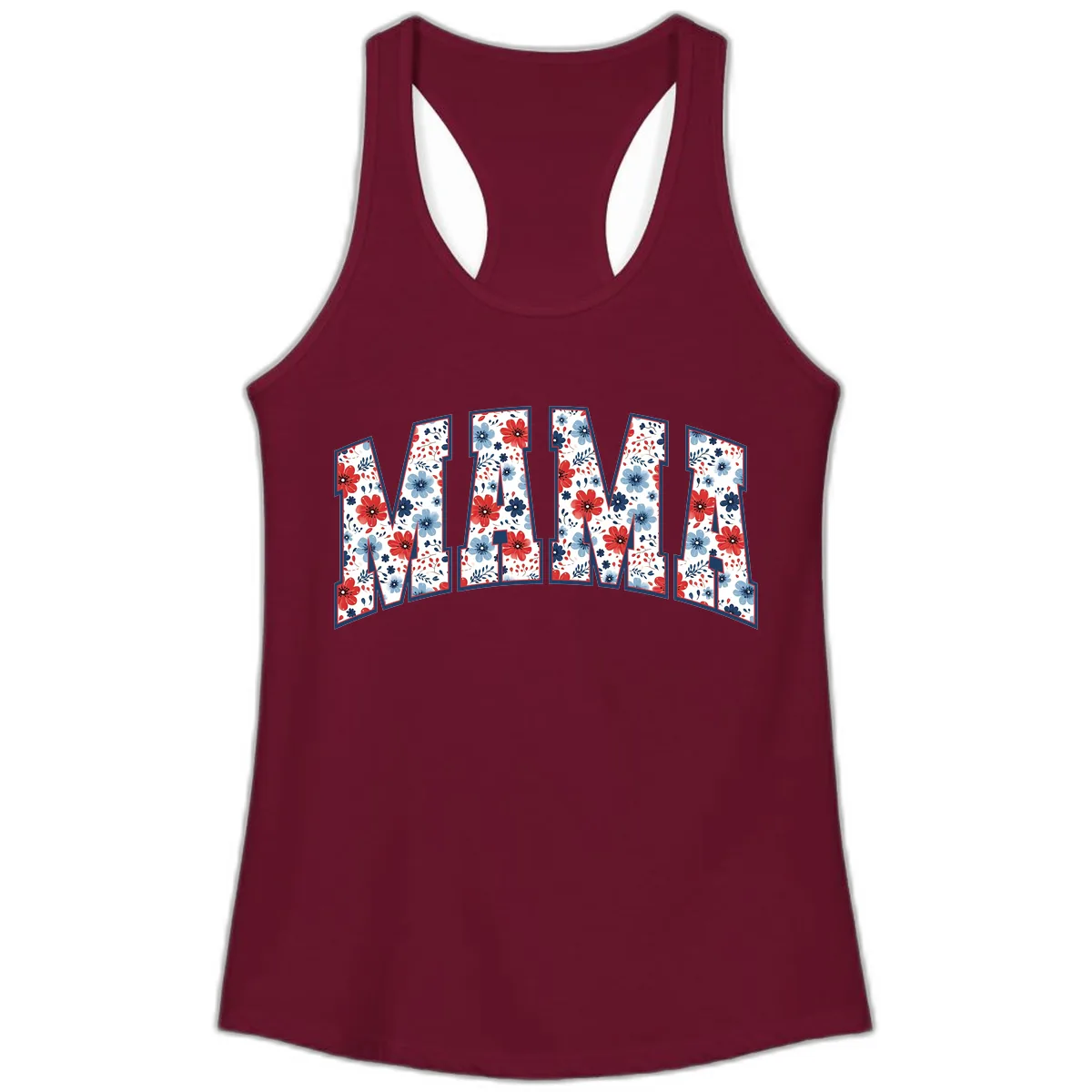 Mama Patriotic Floral Lettering Design Ladies Tank in Solid Cardinal Red