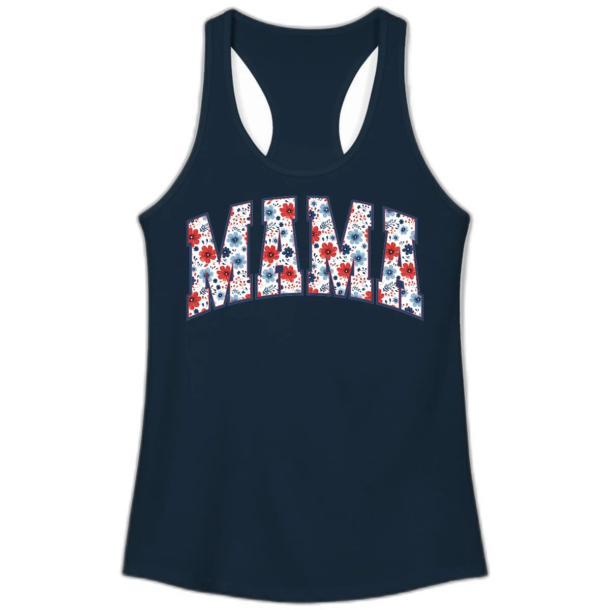 Mama Patriotic Floral Ladies Tank in Solid Midnight Navy