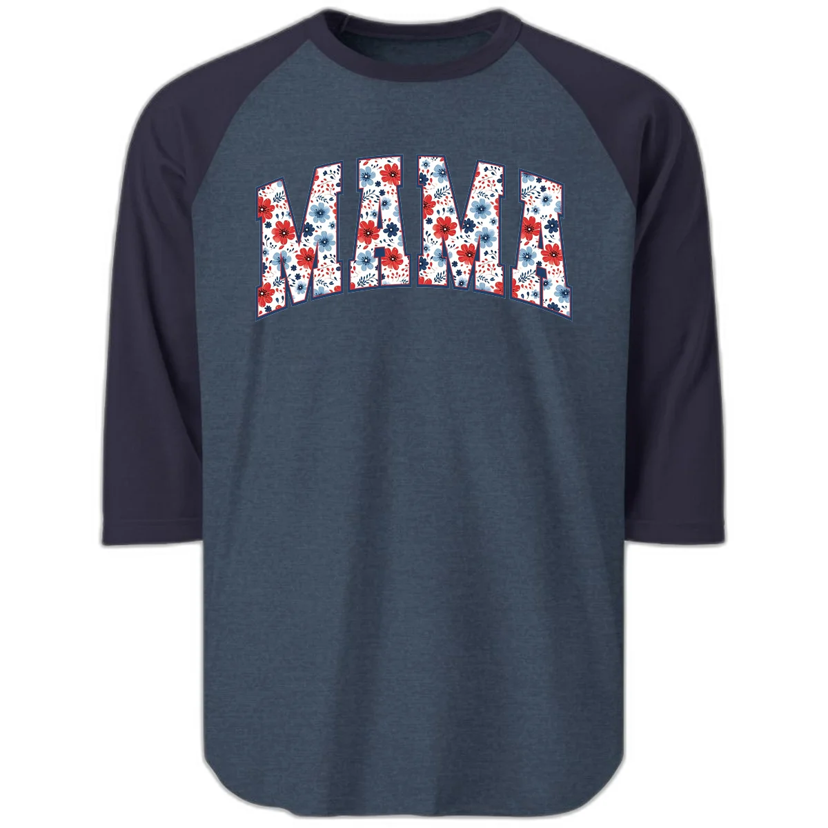 Mama Patriotic Floral Raglan 3/4 in Heather Denim Navy