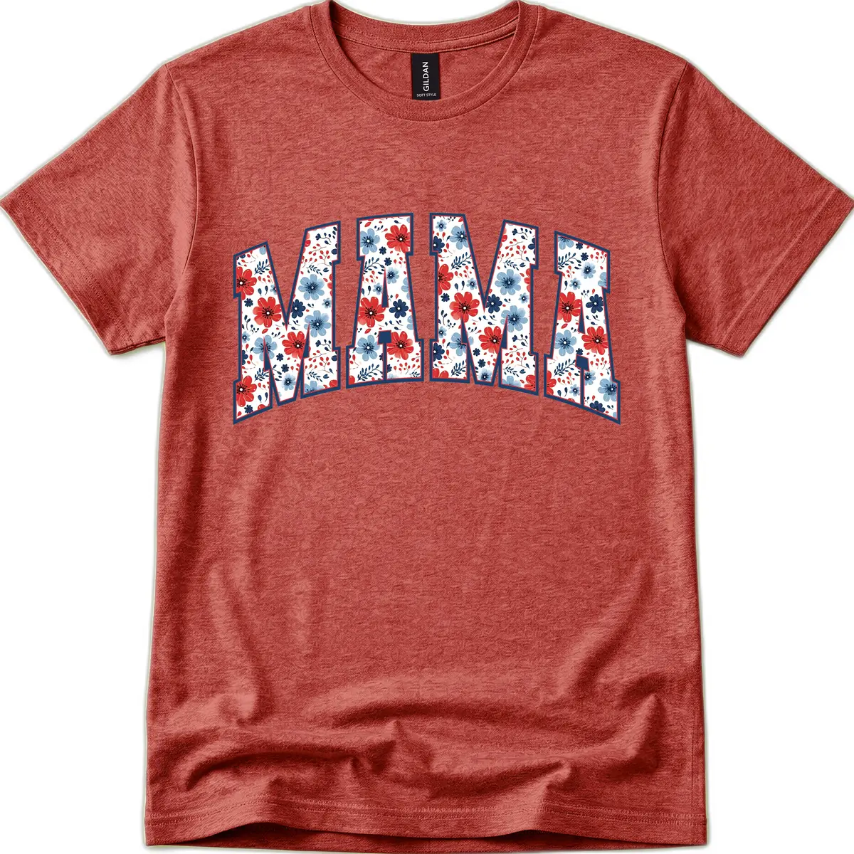 Mama Patriotic Floral Lettering Design T-Shirt in Heather Cardinal