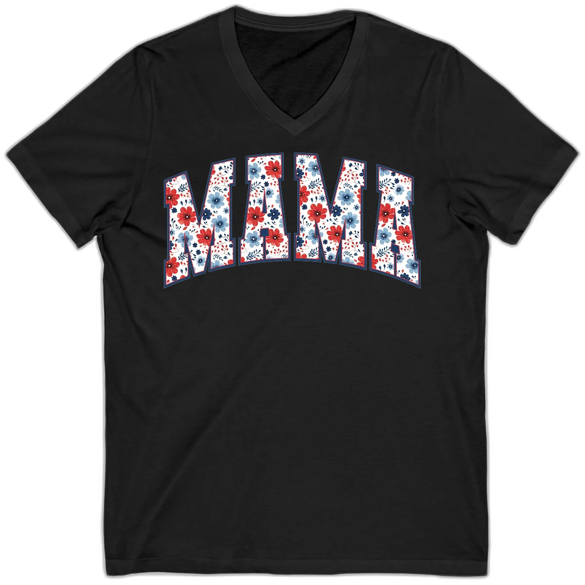 Mama Patriotic Floral V-Neck in Black
