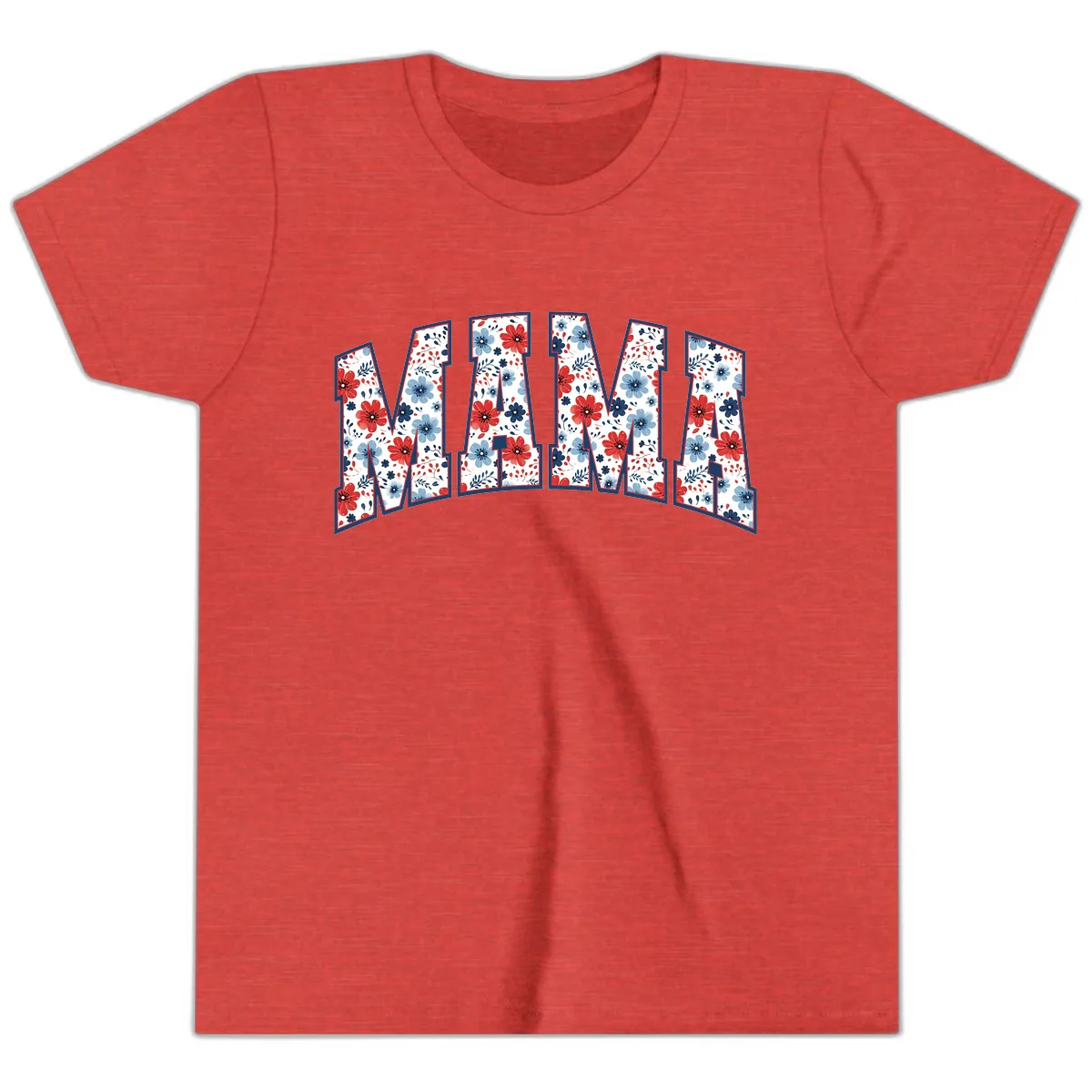 Mama Patriotic Floral Lettering Design Youth T-Shirt in Heather Red