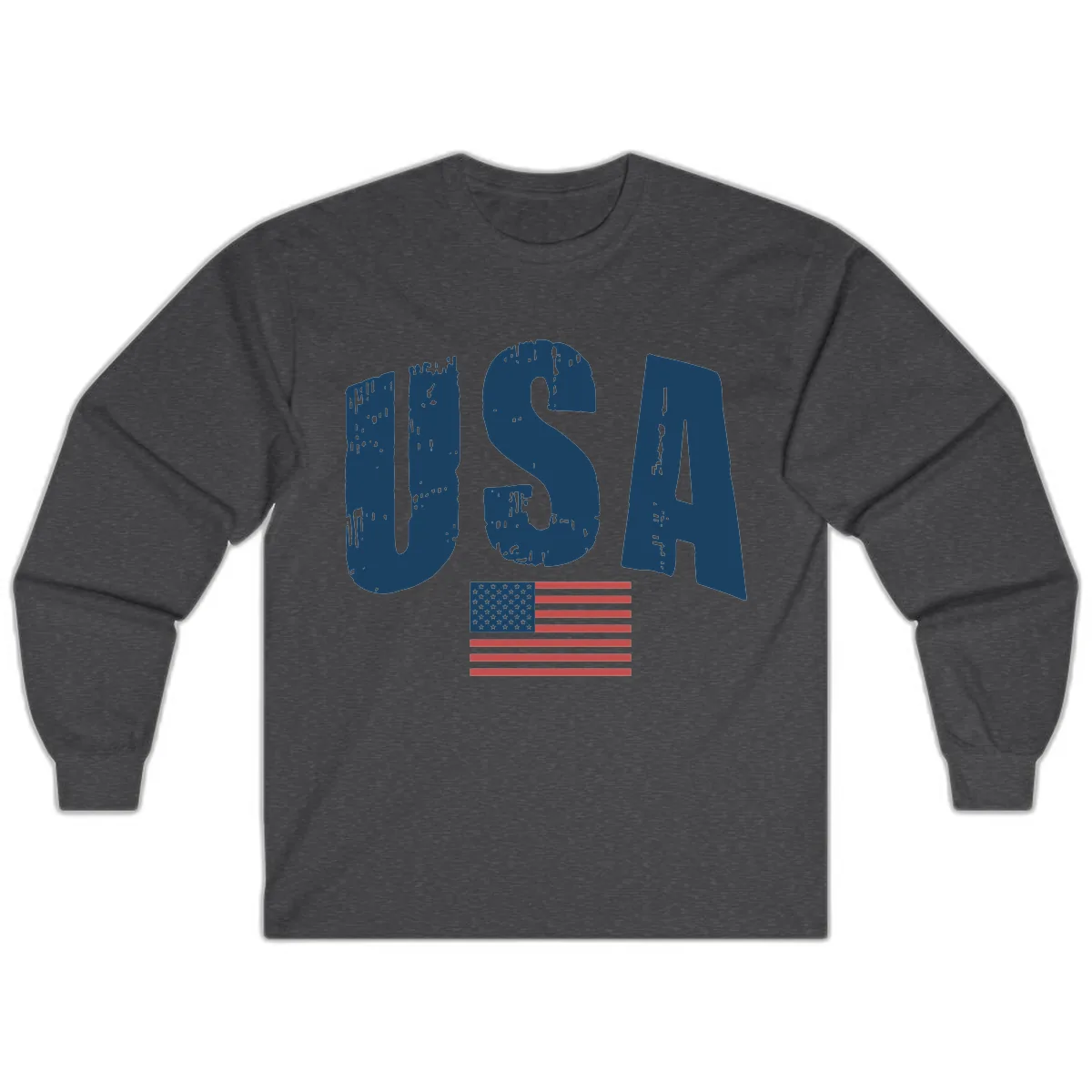 USA Patriotic Flag Distressed Text Long Sleeve in Dark Heather