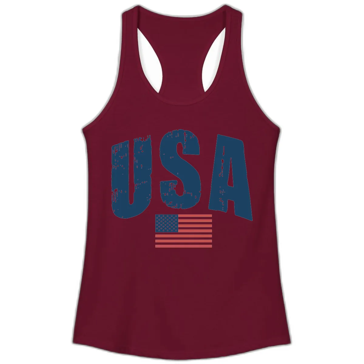 USA Patriotic Flag Distressed Text Ladies Tank in Solid Cardinal Red