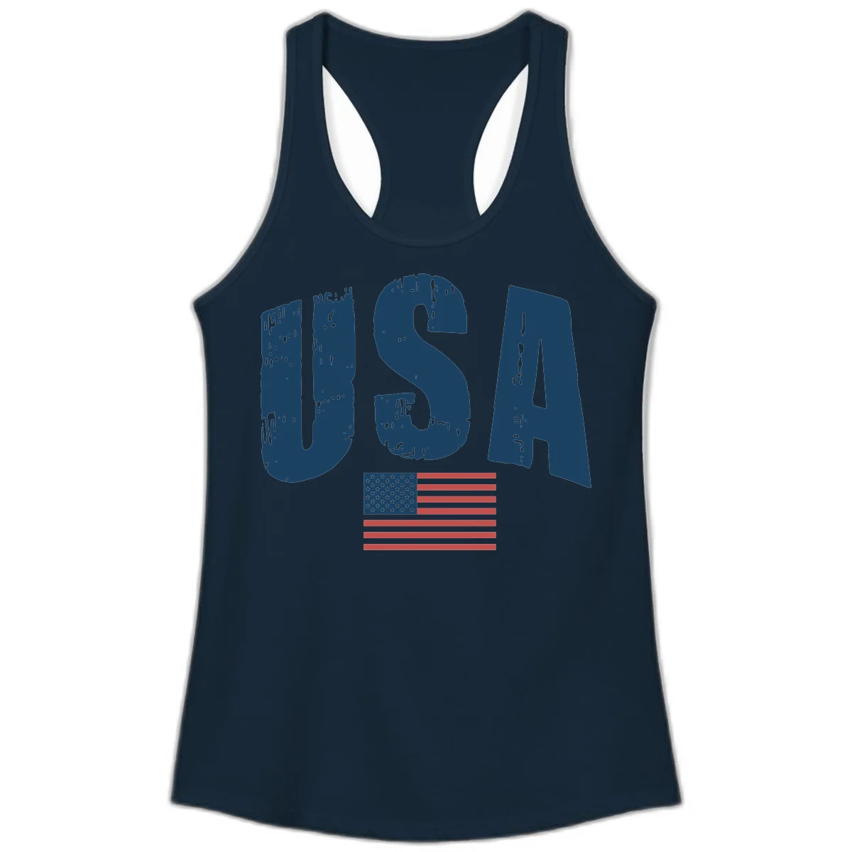 USA Patriotic Flag Distressed Ladies Tank in Solid Midnight Navy