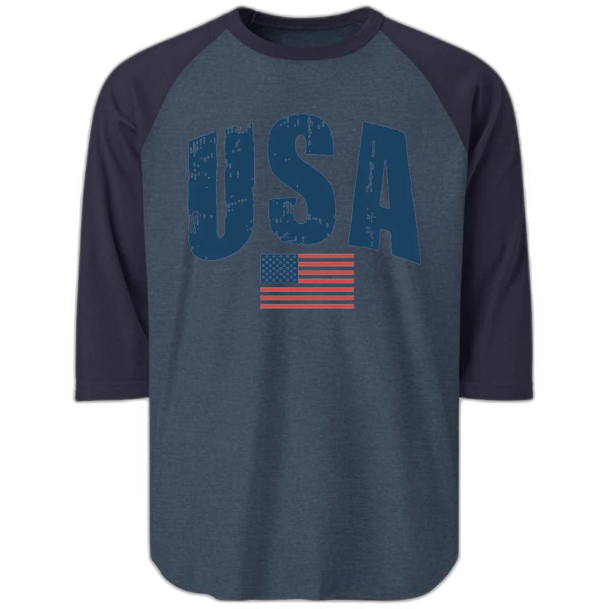USA Patriotic Flag Distressed Raglan 3/4 in Heather Denim Navy