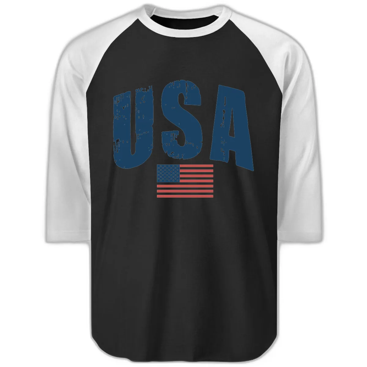 USA Patriotic Flag Distressed Text Raglan 3/4 in Black White