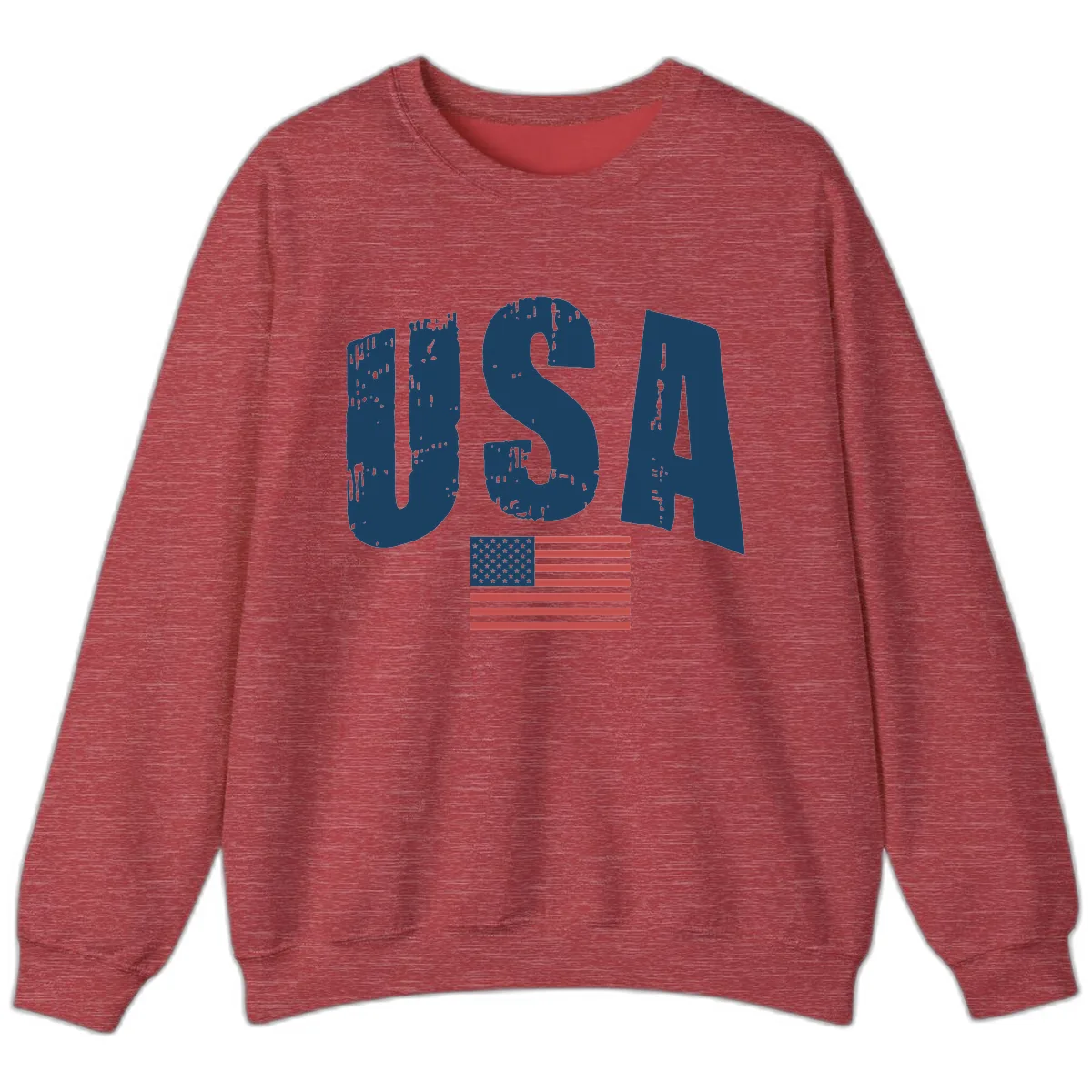 USA Patriotic Flag Distressed Text Sweatshirt in Heather Scarlet Red