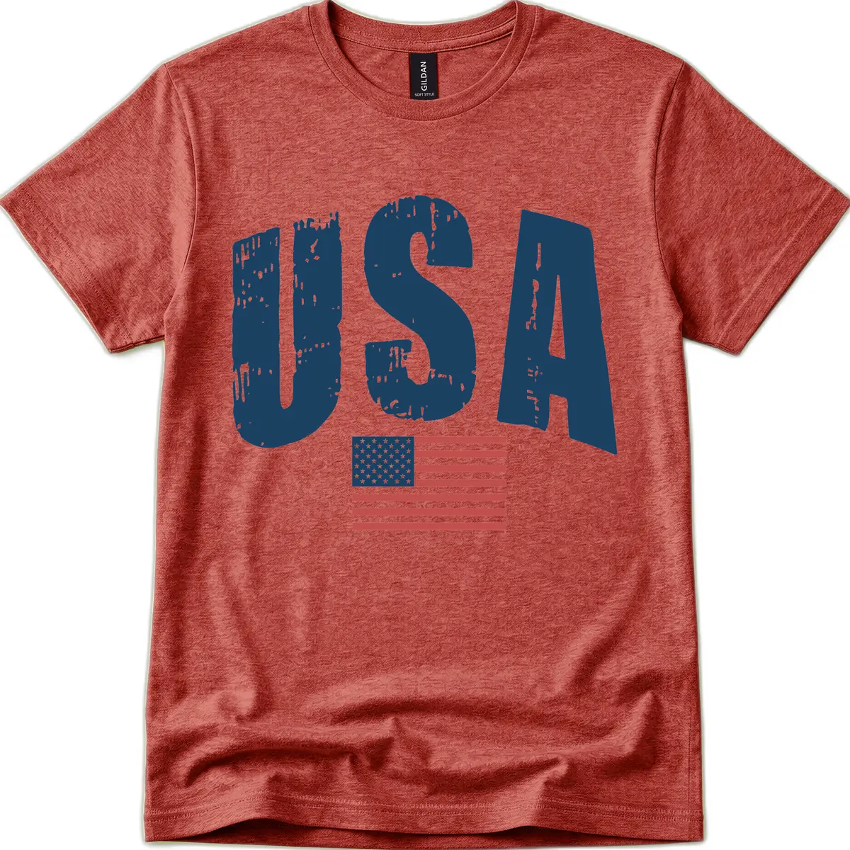 USA Patriotic Flag Distressed Text T-Shirt in Heather Cardinal
