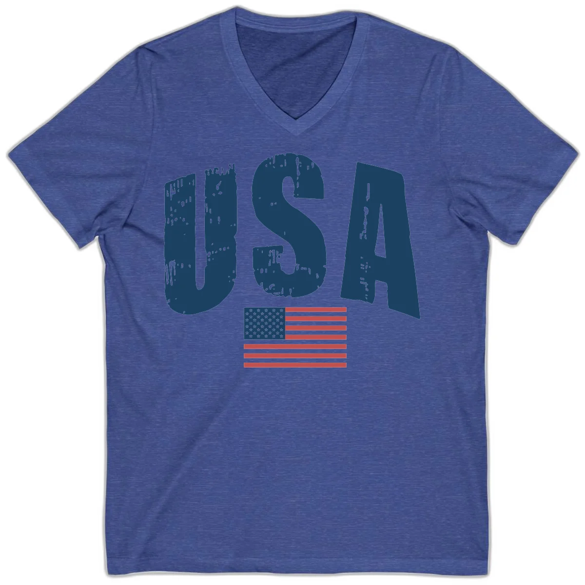 USA Patriotic Flag Distressed V-Neck in Heather True Royal