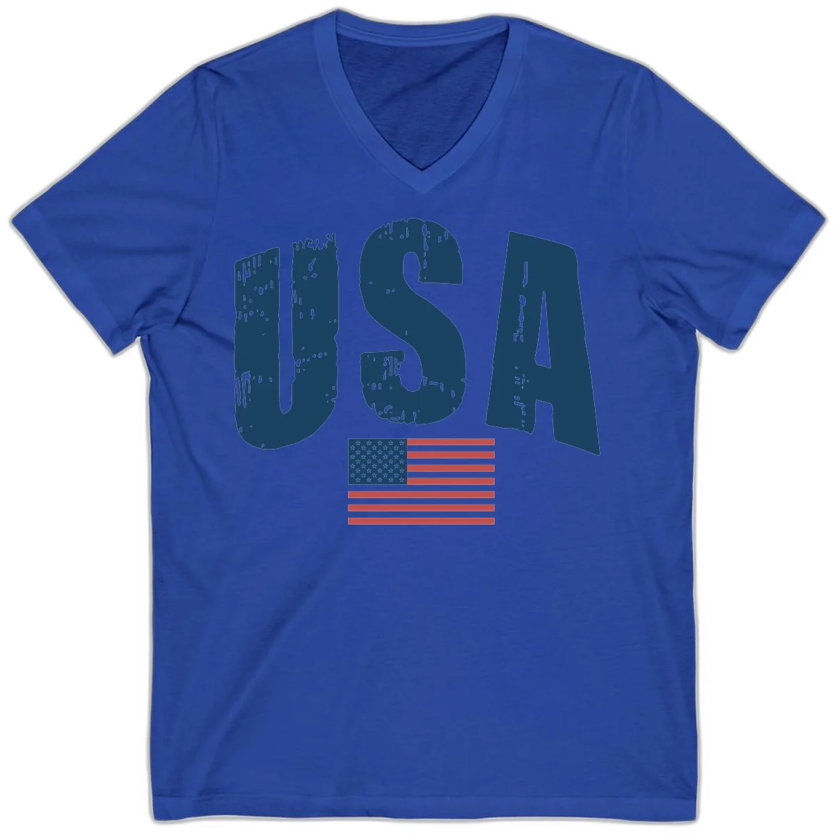USA Patriotic Flag Distressed V-Neck in True Royal