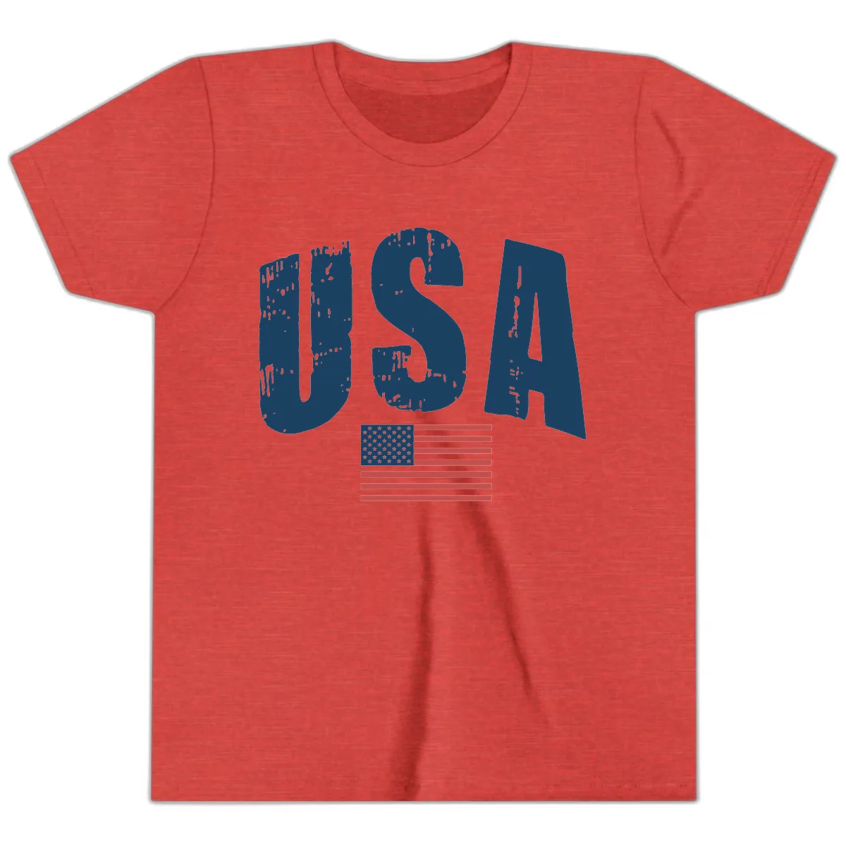 USA Patriotic Flag Distressed Text Youth T-Shirt in Heather Red