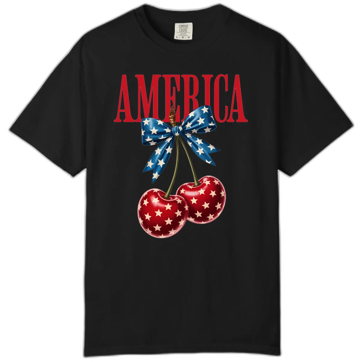 America Text with Patriotic Cherries and Bow Comfort Color in Black