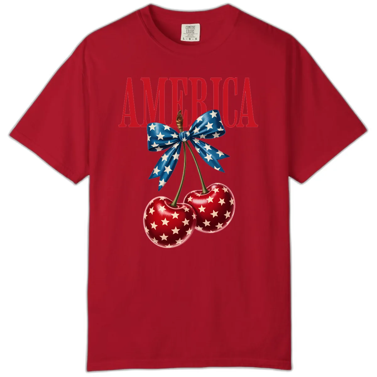 America Text with Patriotic Cherries and Bow Comfort Color in Red