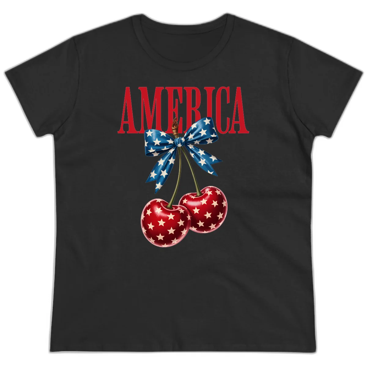 America Patriotic Cherries Ladies Tee in Black