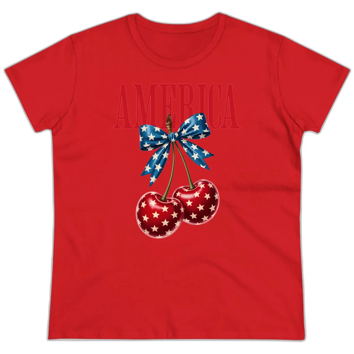 America Patriotic Cherries Ladies Tee in Red