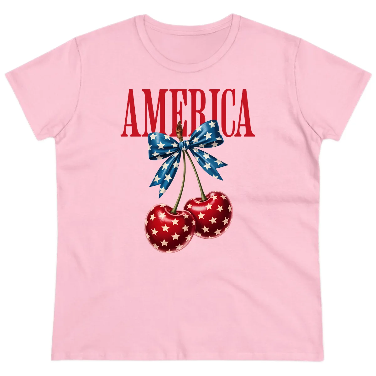 America Patriotic Cherries Ladies Tee in Light Pink