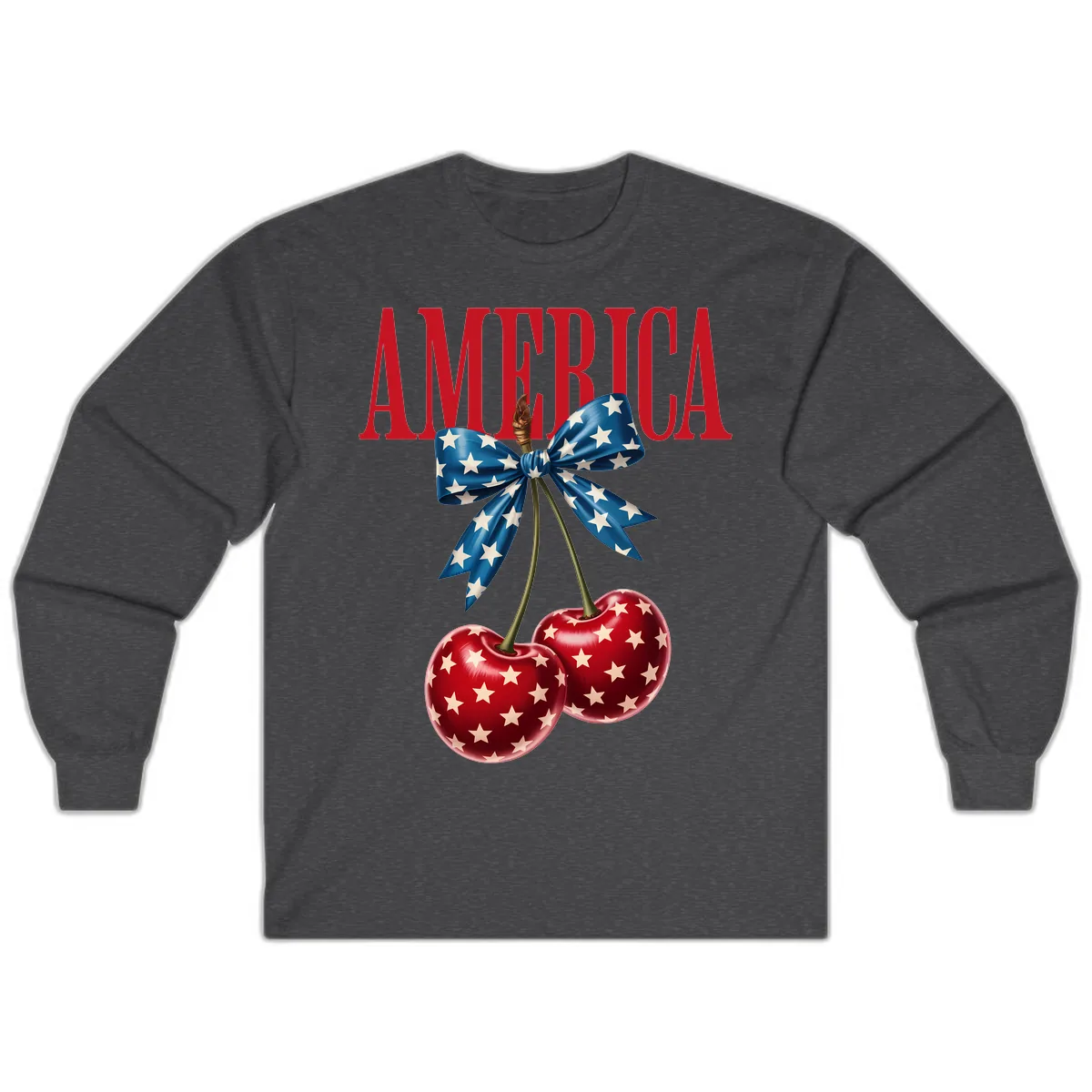 America Text with Patriotic Cherries and Bow Long Sleeve in Dark Heather