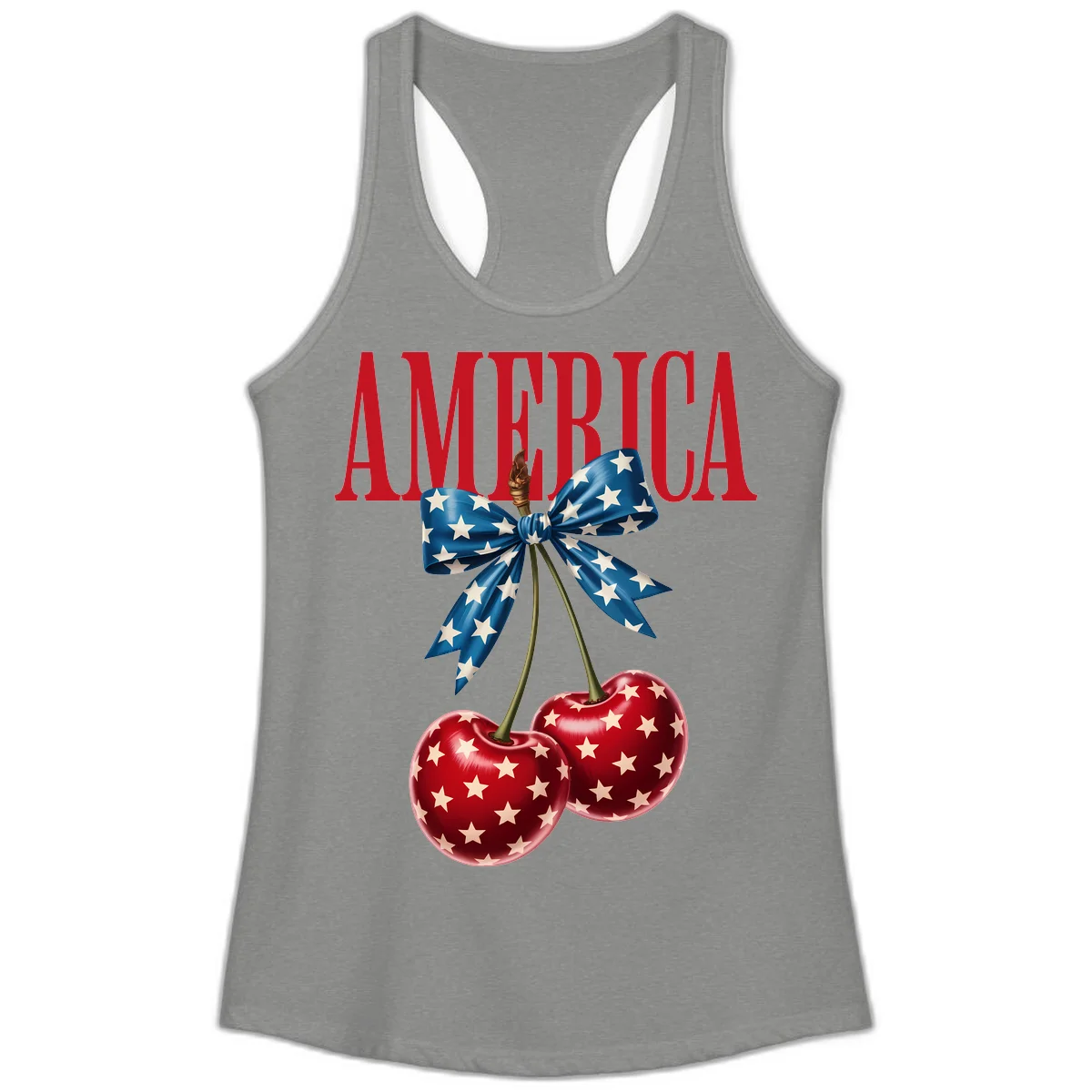 America Patriotic Cherries Ladies Tank in Heather Grey