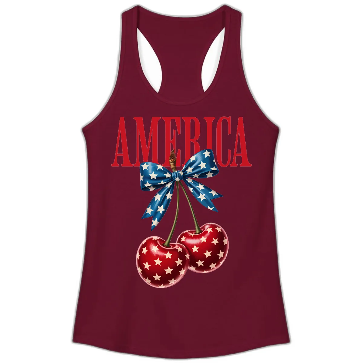 America Text with Patriotic Cherries and Bow Ladies Tank in Solid Cardinal Red