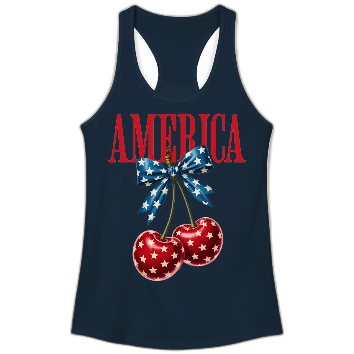 America Patriotic Cherries Ladies Tank in Solid Midnight Navy