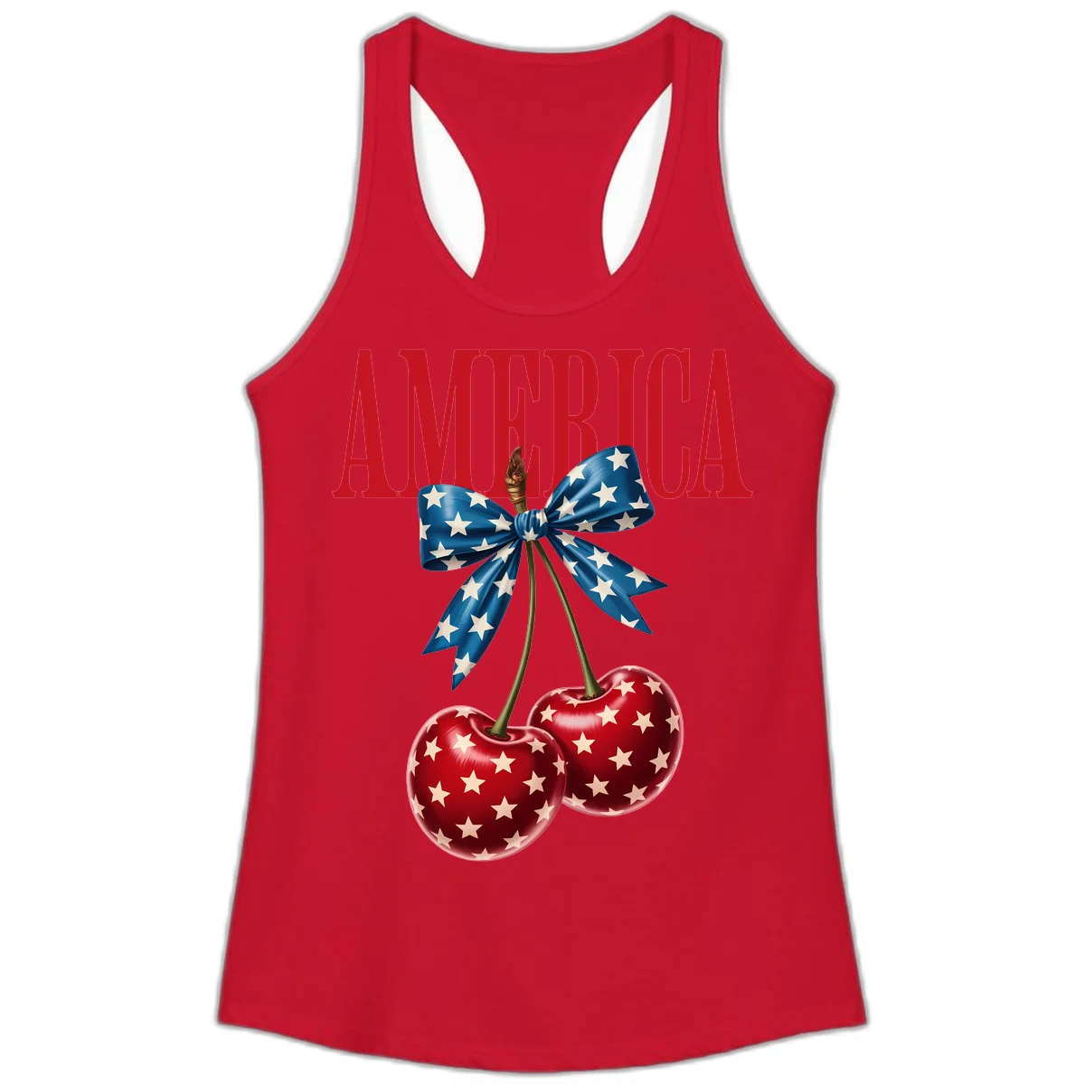 America Patriotic Cherries Ladies Tank in Solid Red