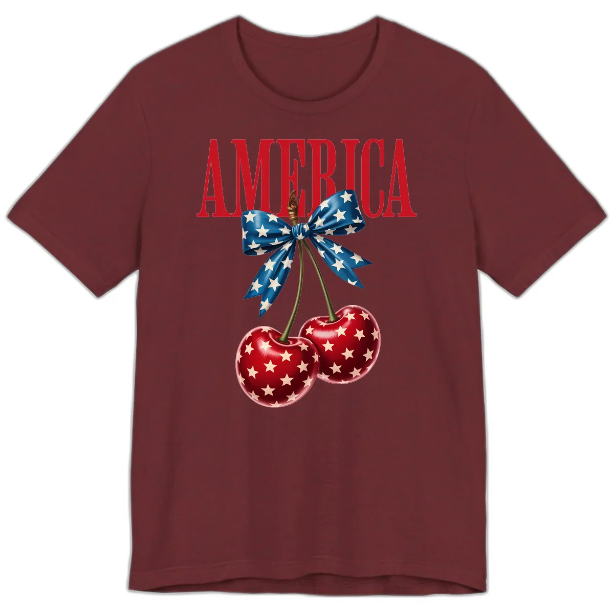 America Text with Patriotic Cherries and Bow Premium T-Shirt in Heather Cardinal
