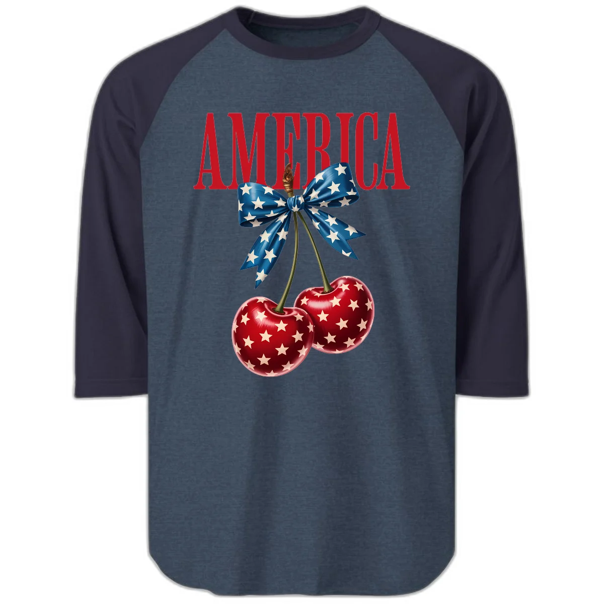 America Patriotic Cherries Raglan 3/4 in Heather Denim Navy