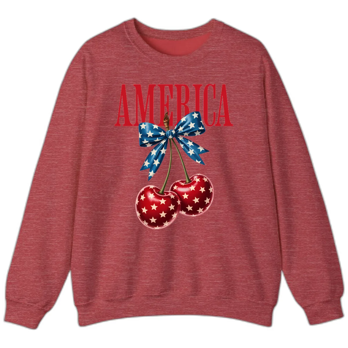 America Text with Patriotic Cherries and Bow Sweatshirt in Heather Scarlet Red