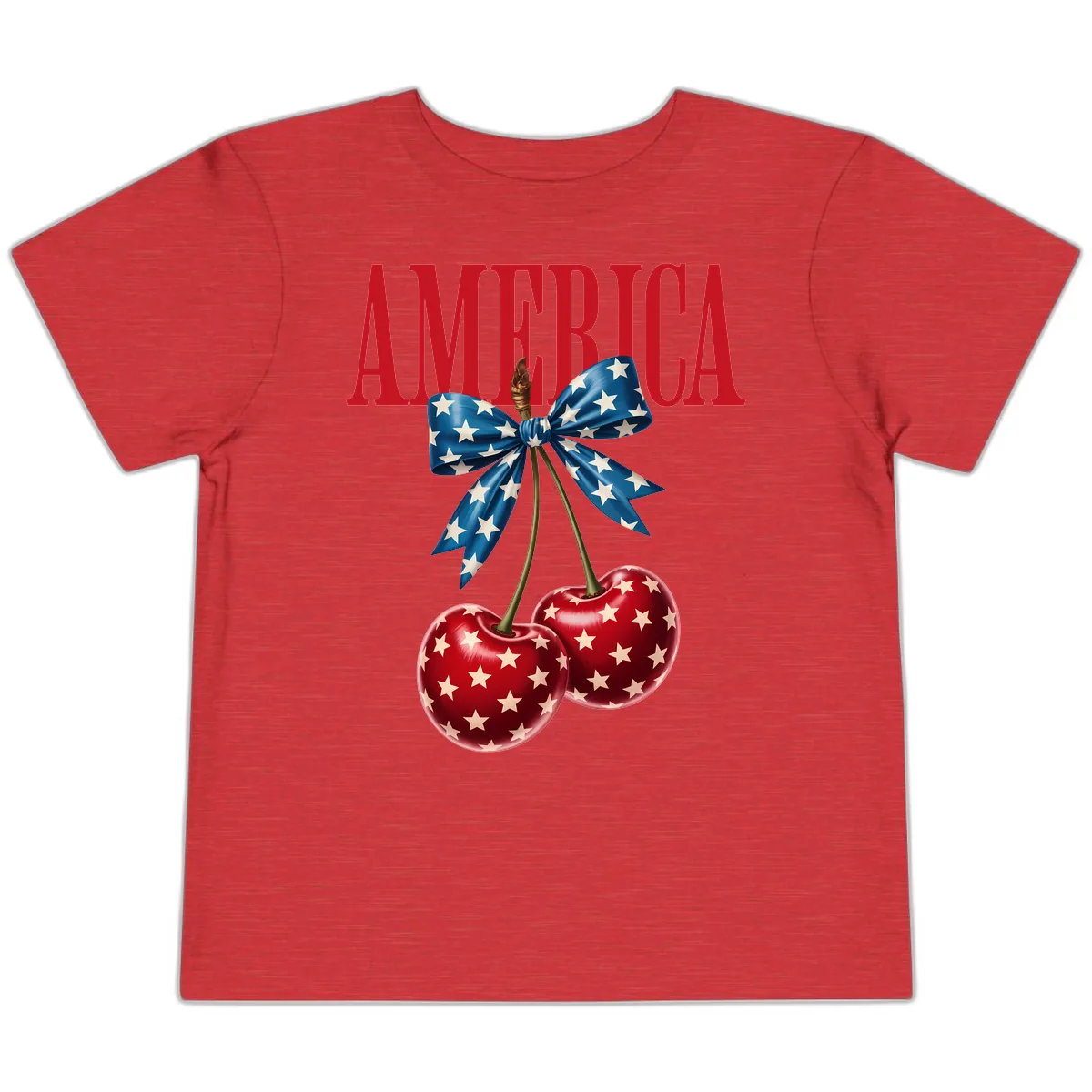 America Text with Patriotic Cherries and Bow Toddler T-Shirt in Heather Red