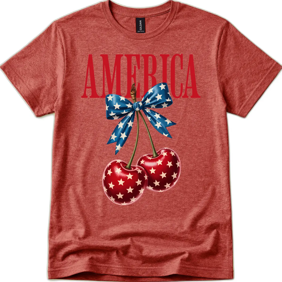America Text with Patriotic Cherries and Bow T-Shirt in Heather Cardinal