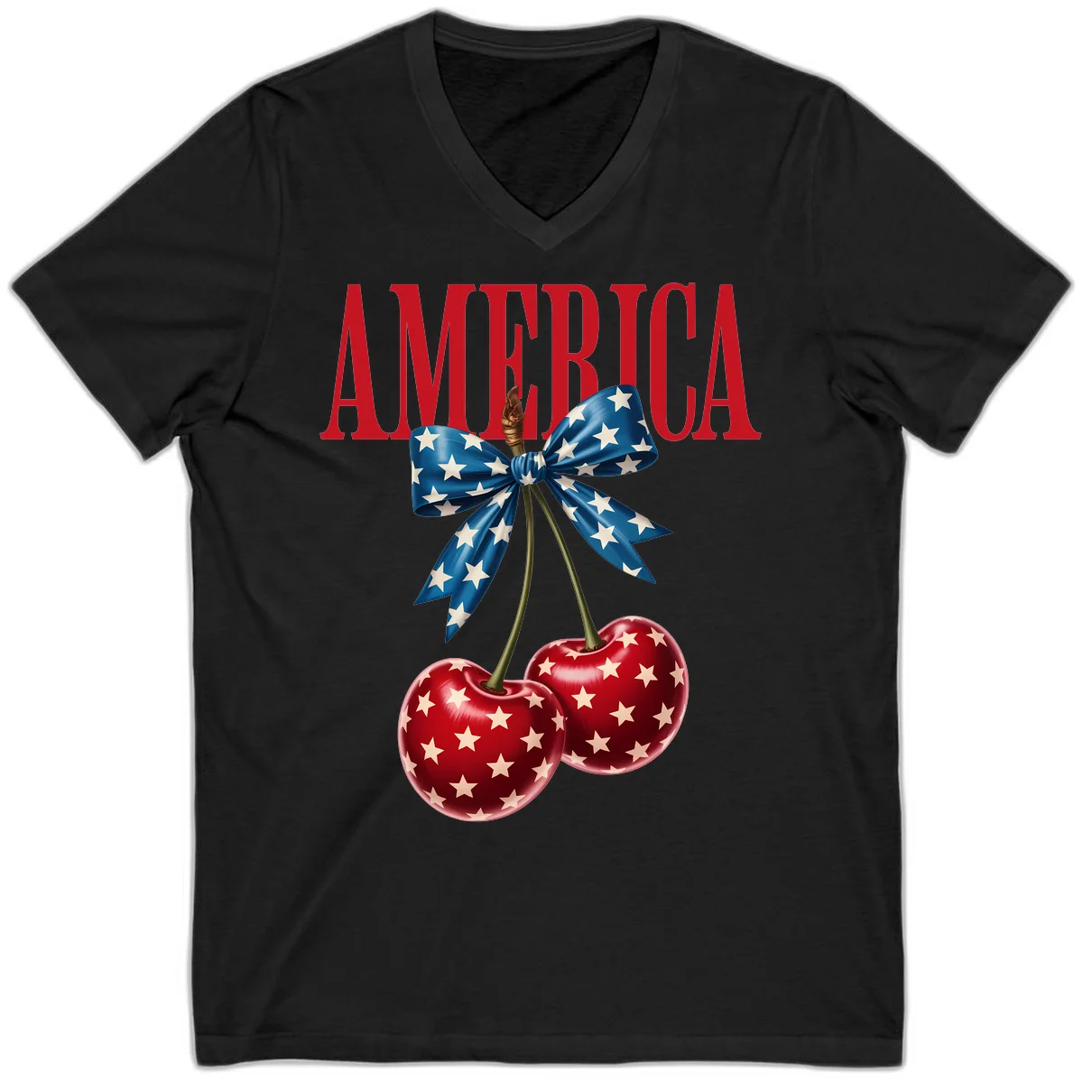 America Patriotic Cherries V-Neck in Black
