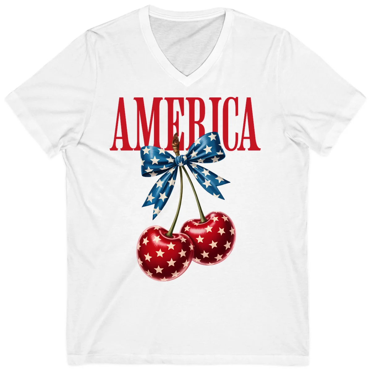 America Patriotic Cherries V-Neck in White