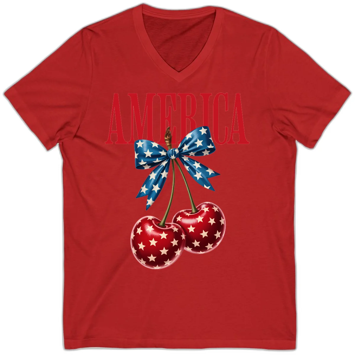 America Patriotic Cherries V-Neck in Red