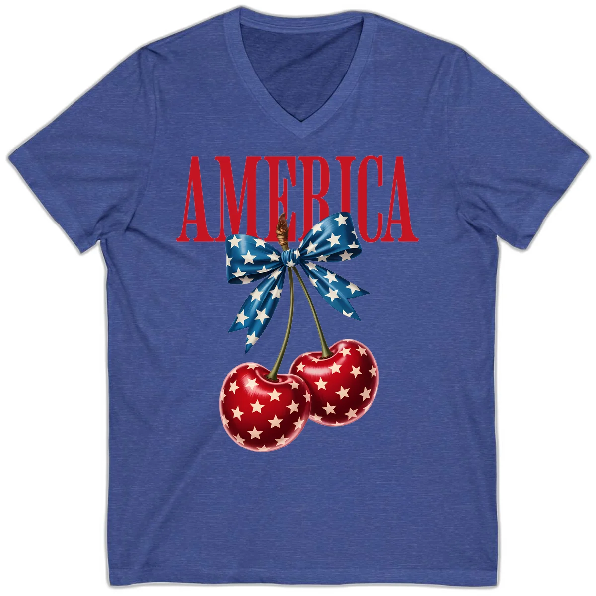 America Patriotic Cherries V-Neck in Heather True Royal