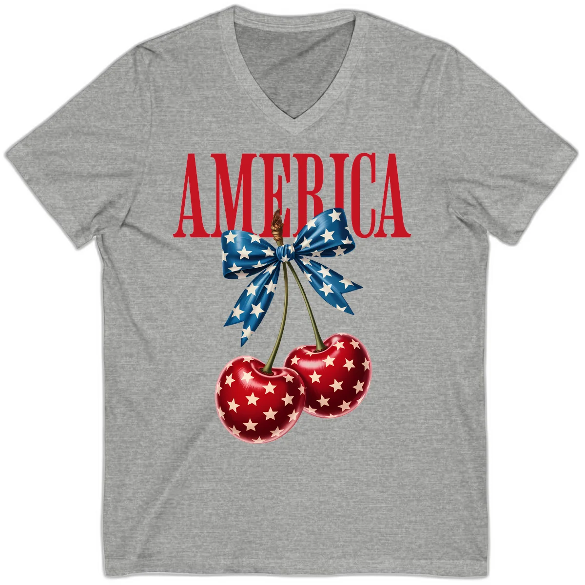 America Patriotic Cherries V-Neck in Athletic Heather