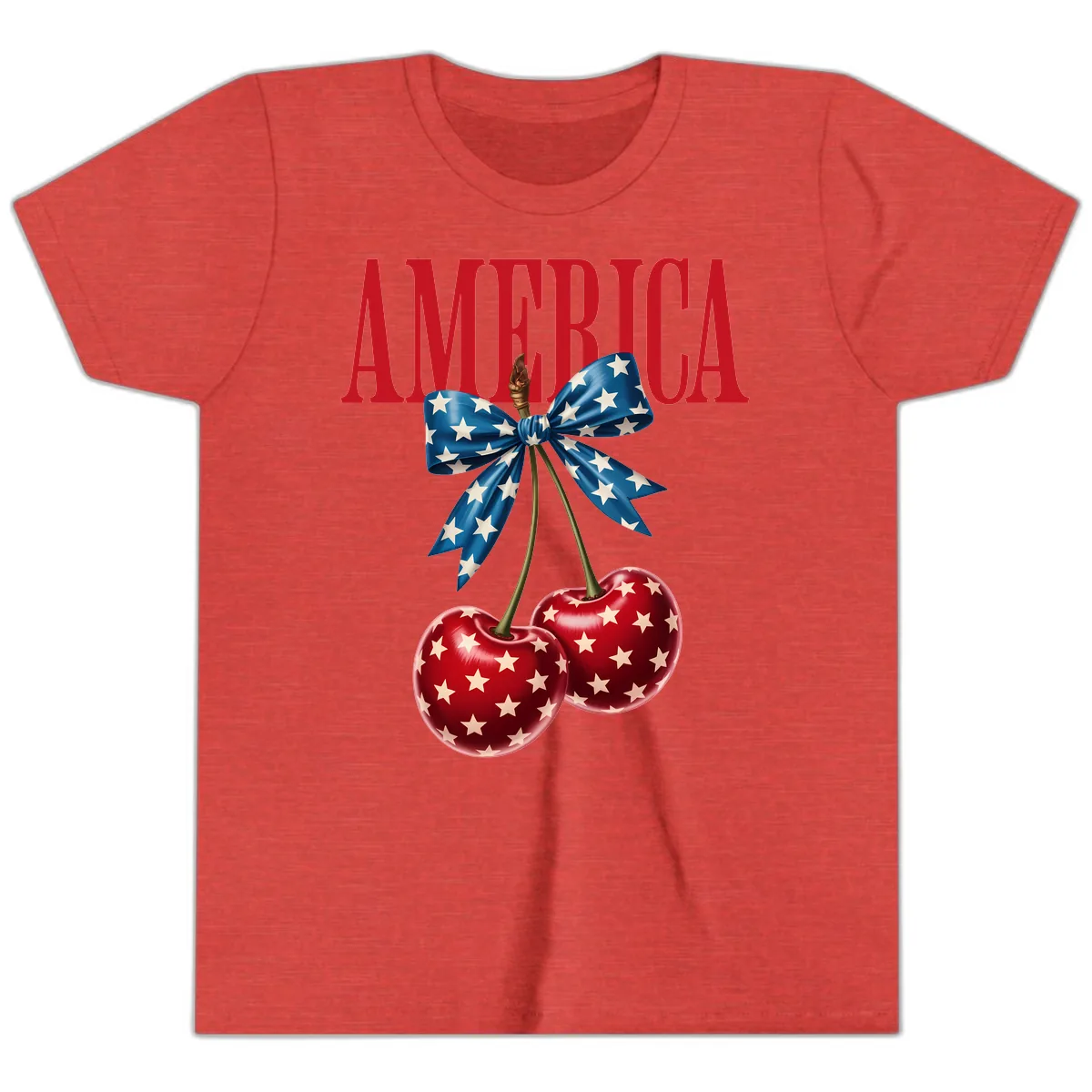 America Text with Patriotic Cherries and Bow Youth T-Shirt in Heather Red