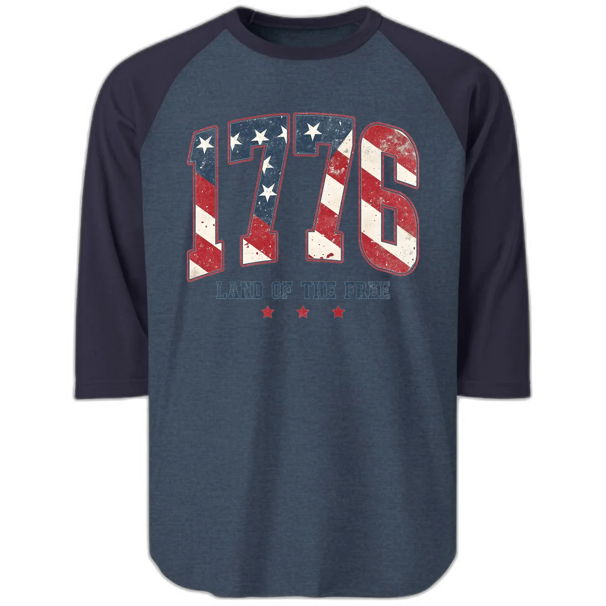 Vintage 1776 Land Of The Free Raglan 3/4 in Heather Denim Navy