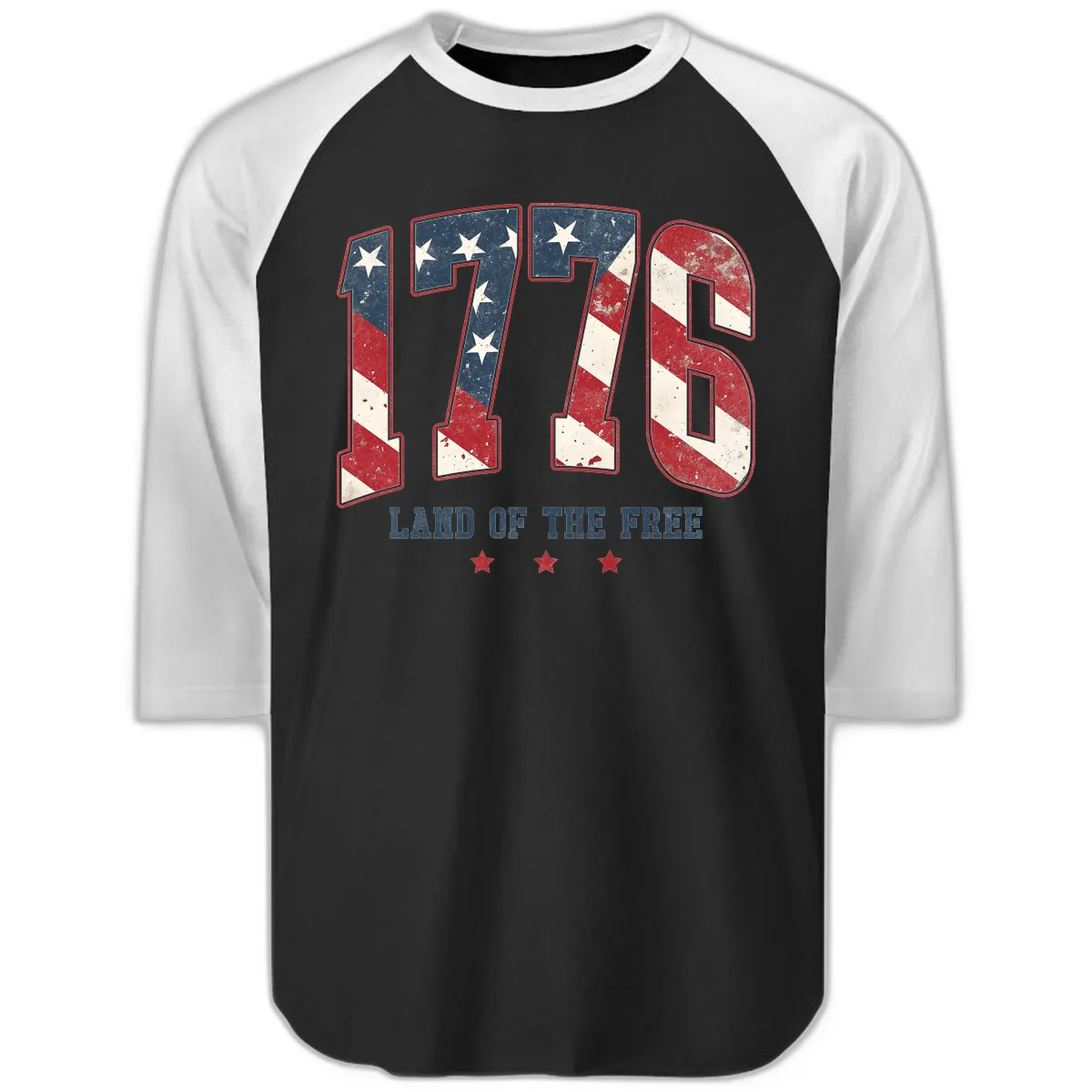 Vintage 1776 Land Of The Free Patriotic Design Raglan 3/4 in Black White