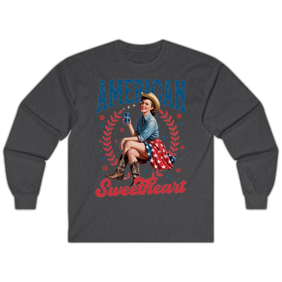 American Sweetheart Pin-Up Patriotic Design Long Sleeve in Dark Heather