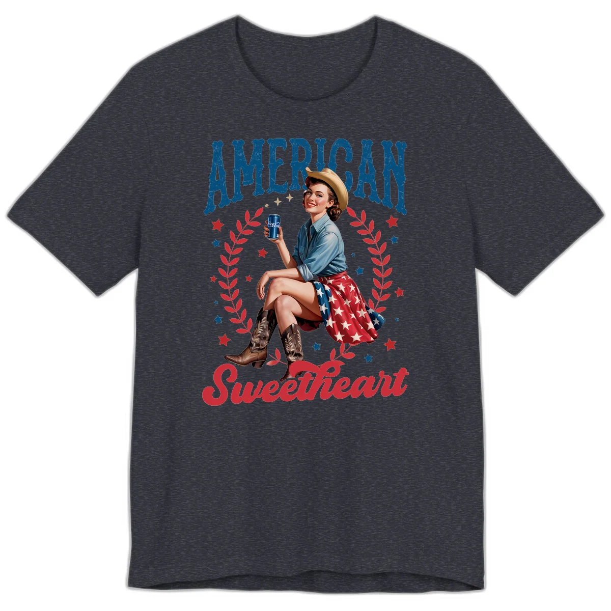 American Sweetheart Pin-Up Premium T-Shirt in Heather Navy