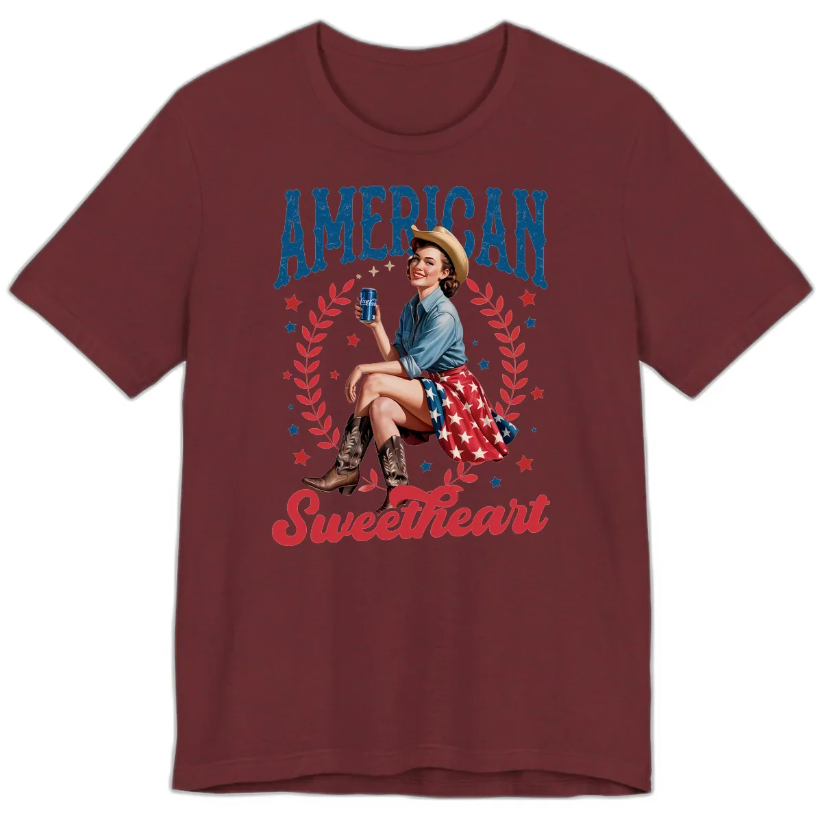 American Sweetheart Pin-Up Patriotic Design Premium T-Shirt in Heather Cardinal