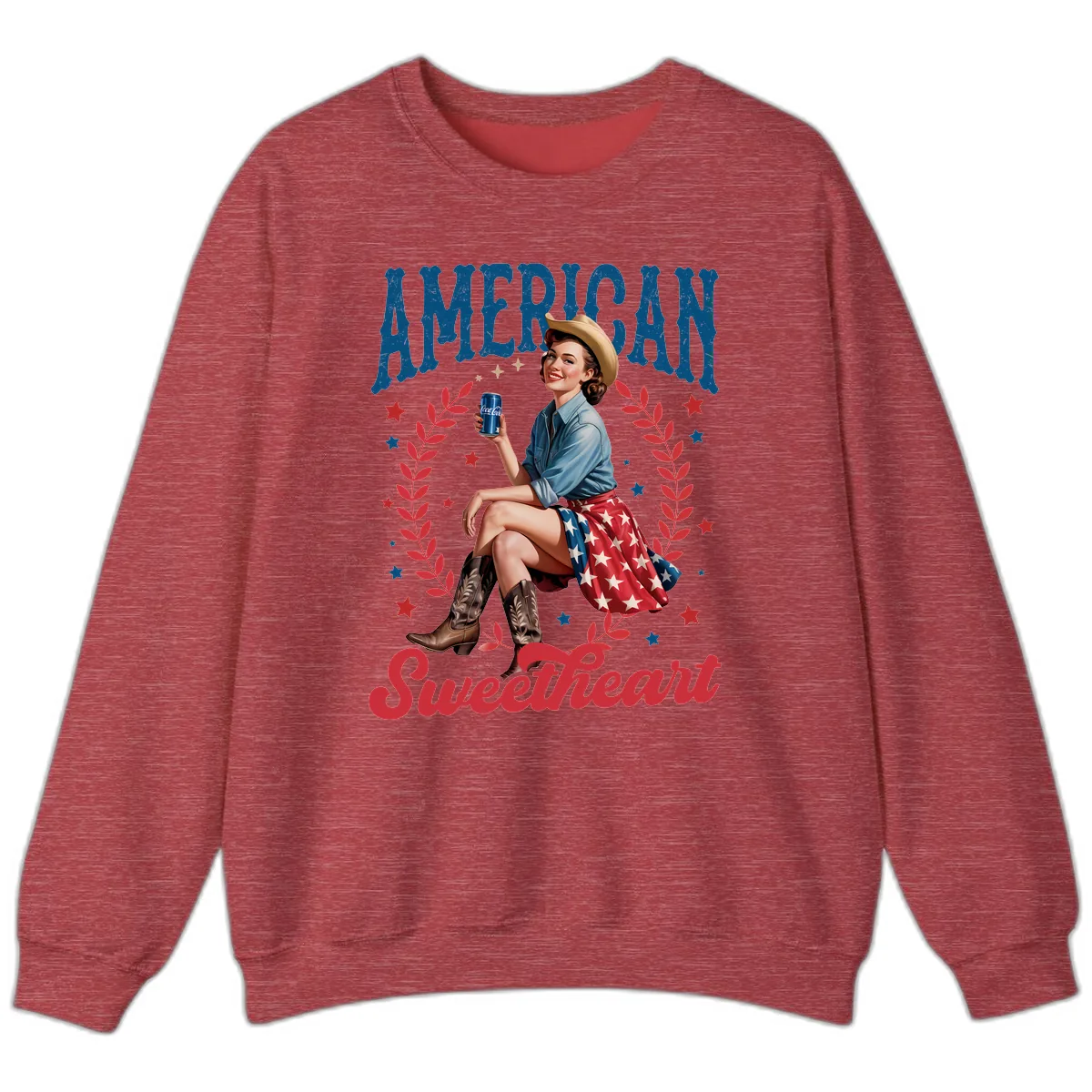American Sweetheart Pin-Up Patriotic Design Sweatshirt in Heather Scarlet Red