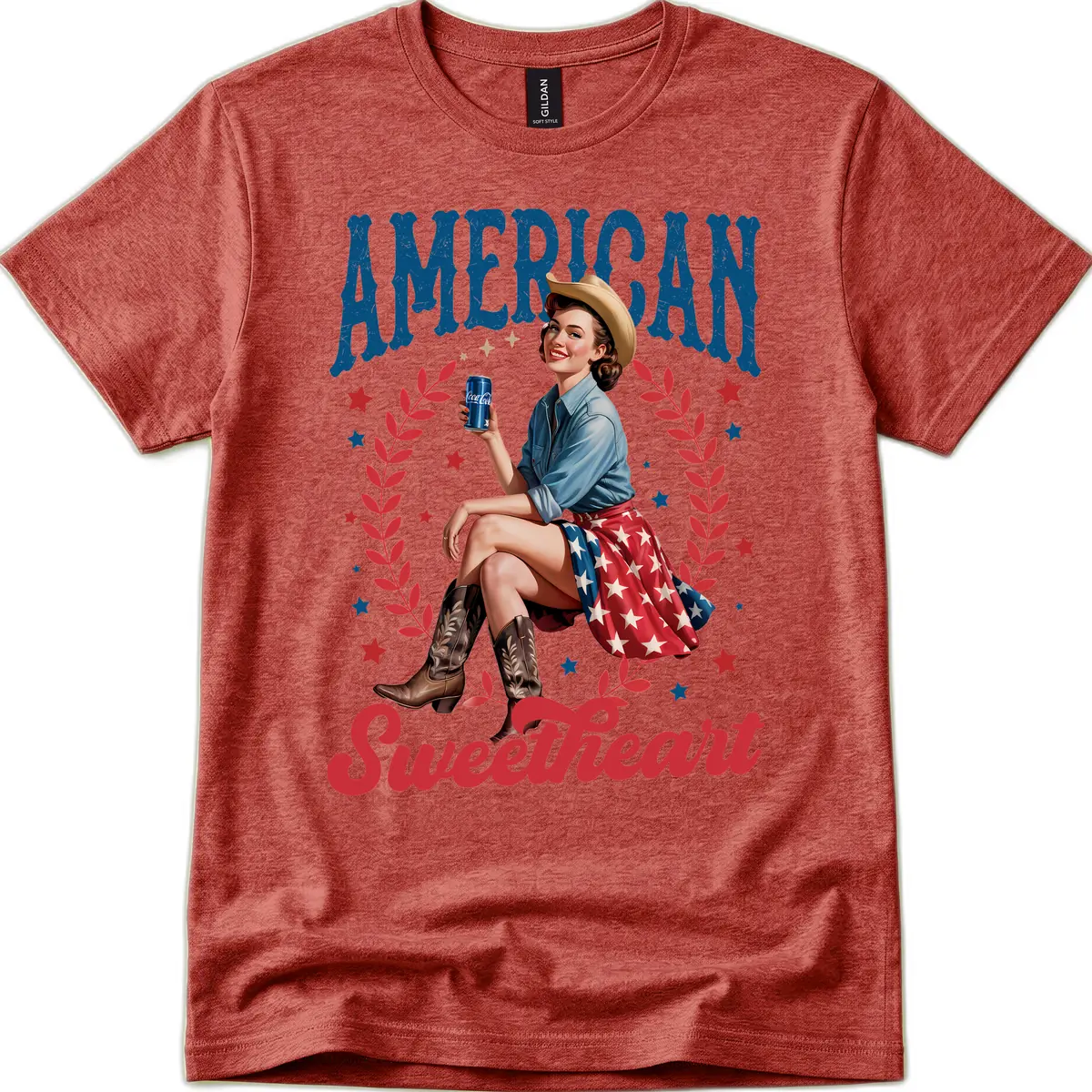 American Sweetheart Pin-Up Patriotic Design T-Shirt in Heather Cardinal