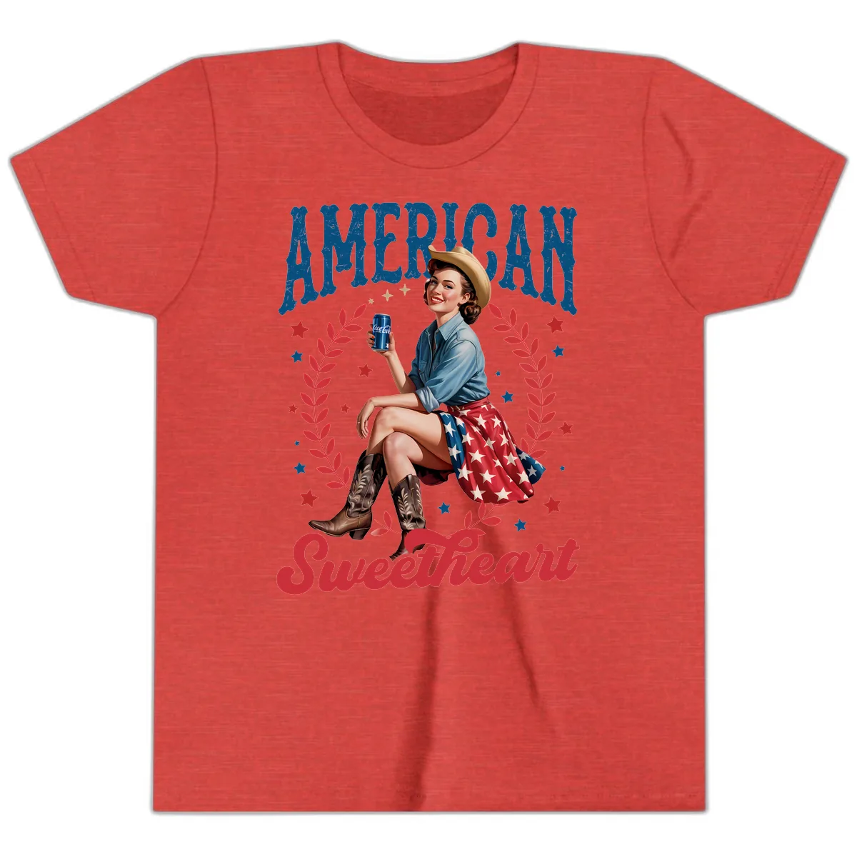 American Sweetheart Pin-Up Patriotic Design Youth T-Shirt in Heather Red