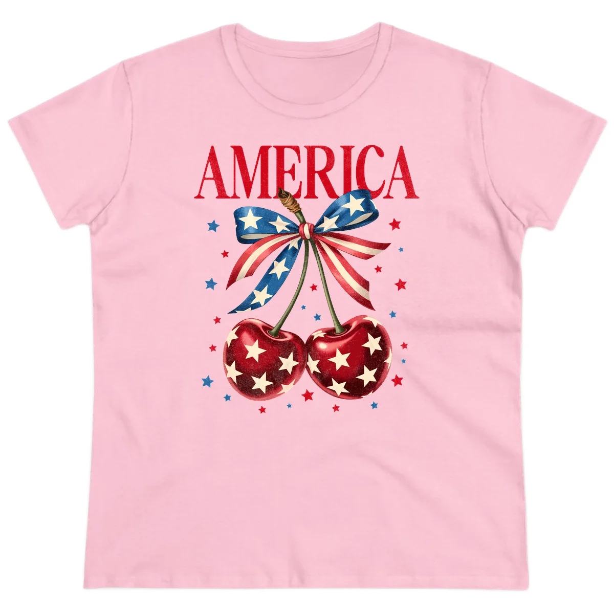 America Cherries and Stars Ladies Tee in Light Pink