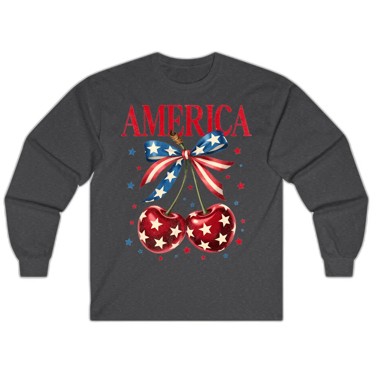 America Cherries and Stars Patriotic Ribbon Long Sleeve in Dark Heather