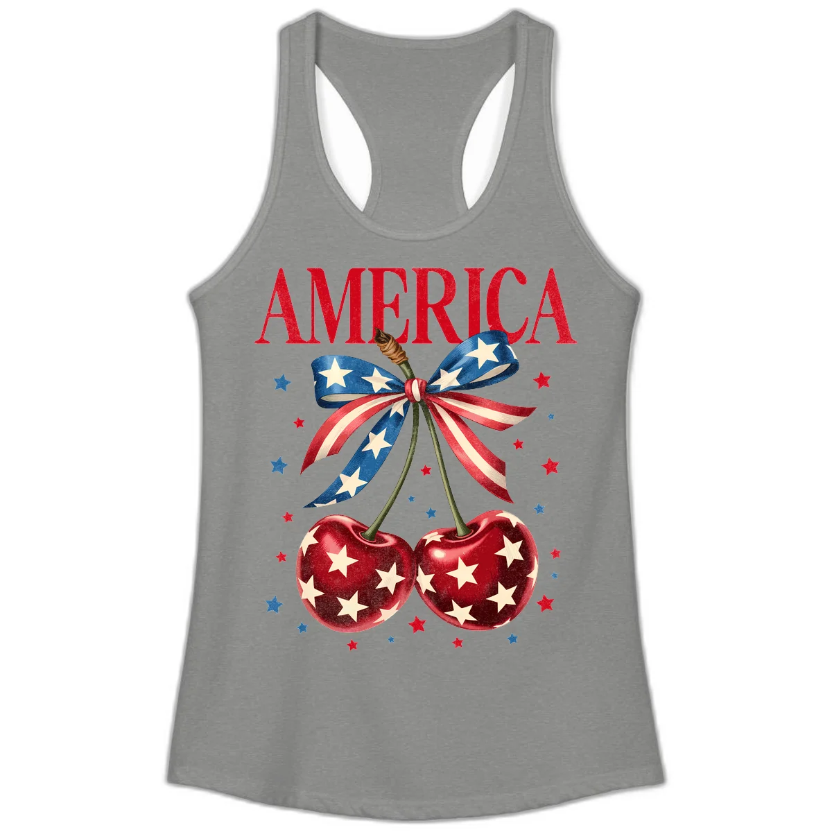 America Cherries and Stars Ladies Tank in Heather Grey