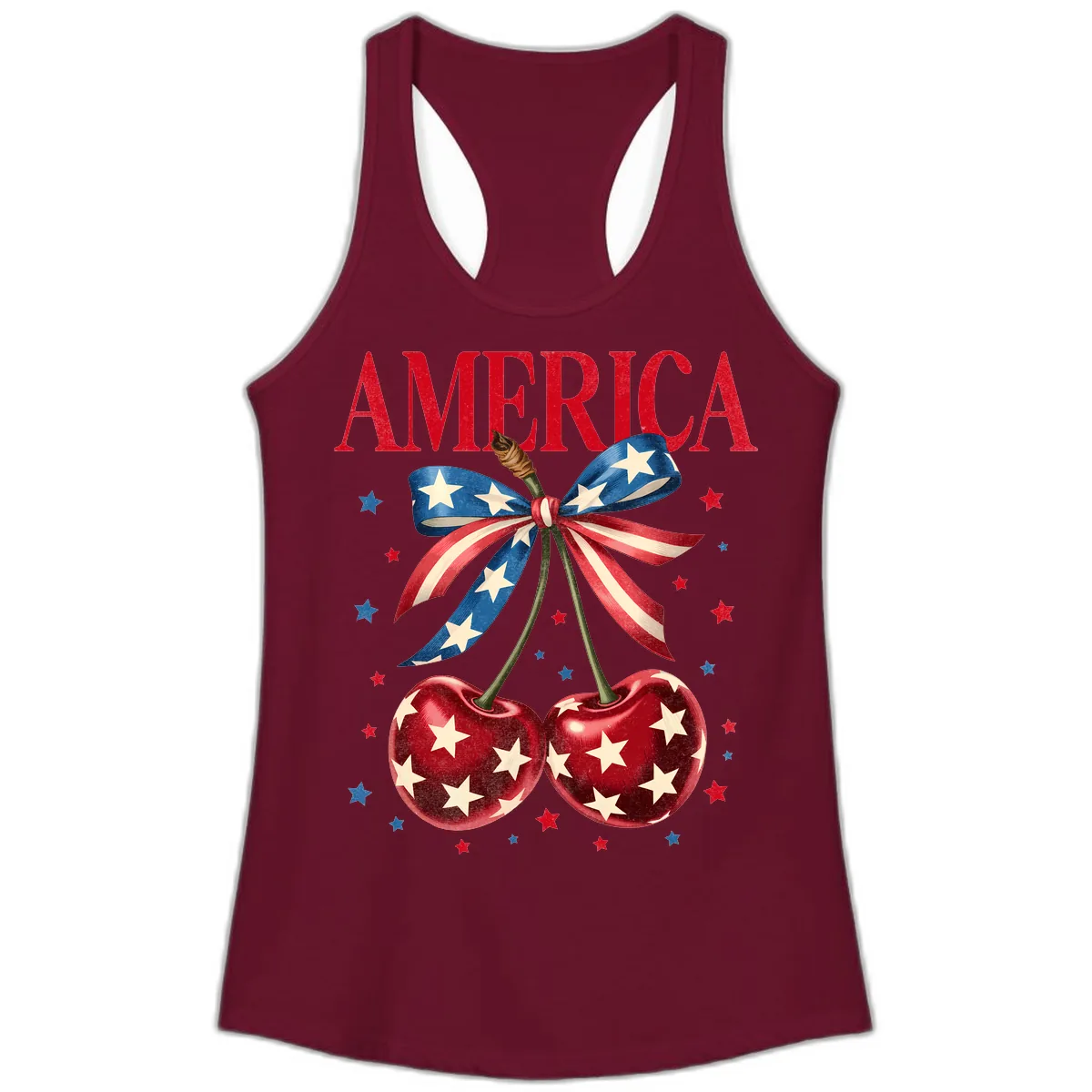 America Cherries and Stars Patriotic Ribbon Ladies Tank in Solid Cardinal Red